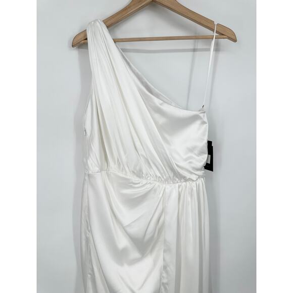 Ieena for Mac Duggal One Shoulder Draped Dress Satin Maxi Long Formal Gown White - Picture 6 of 16